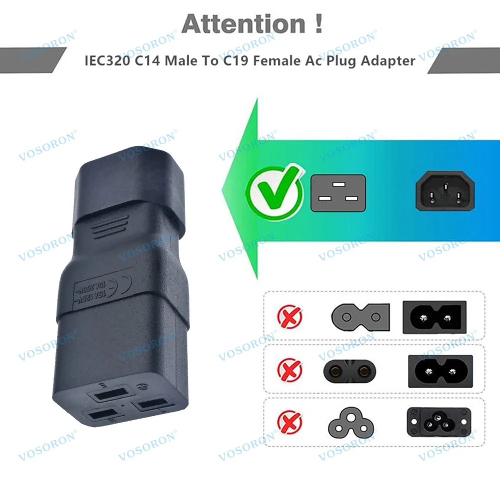 IEC 320 C14 to C19 AC Adapter, IEC 15A to 10A, 16A to 10A AC Converter, C19 16A to C14 10A Power Connector for PUD UPS