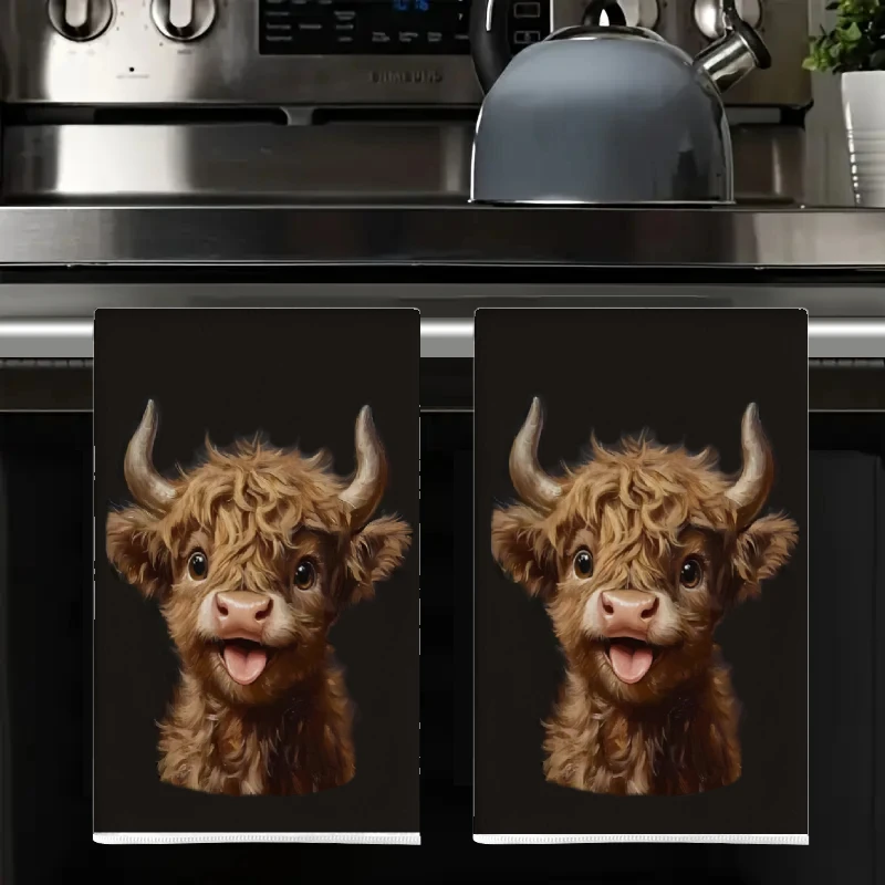 2Pcs, Curly Highland Cow Kitchen Towels, 40Cm*60Cm Towel Set, Best Kitchen Towels, Super Absorbent Soft Cleaning Cloth, Cooking and Baking Tea Towel, Hand Towel, Cleaning Cloth, Dishcloth, Kitchen Decoration, Living Room Decorations, Kitchen Essentials, Home Essentials
