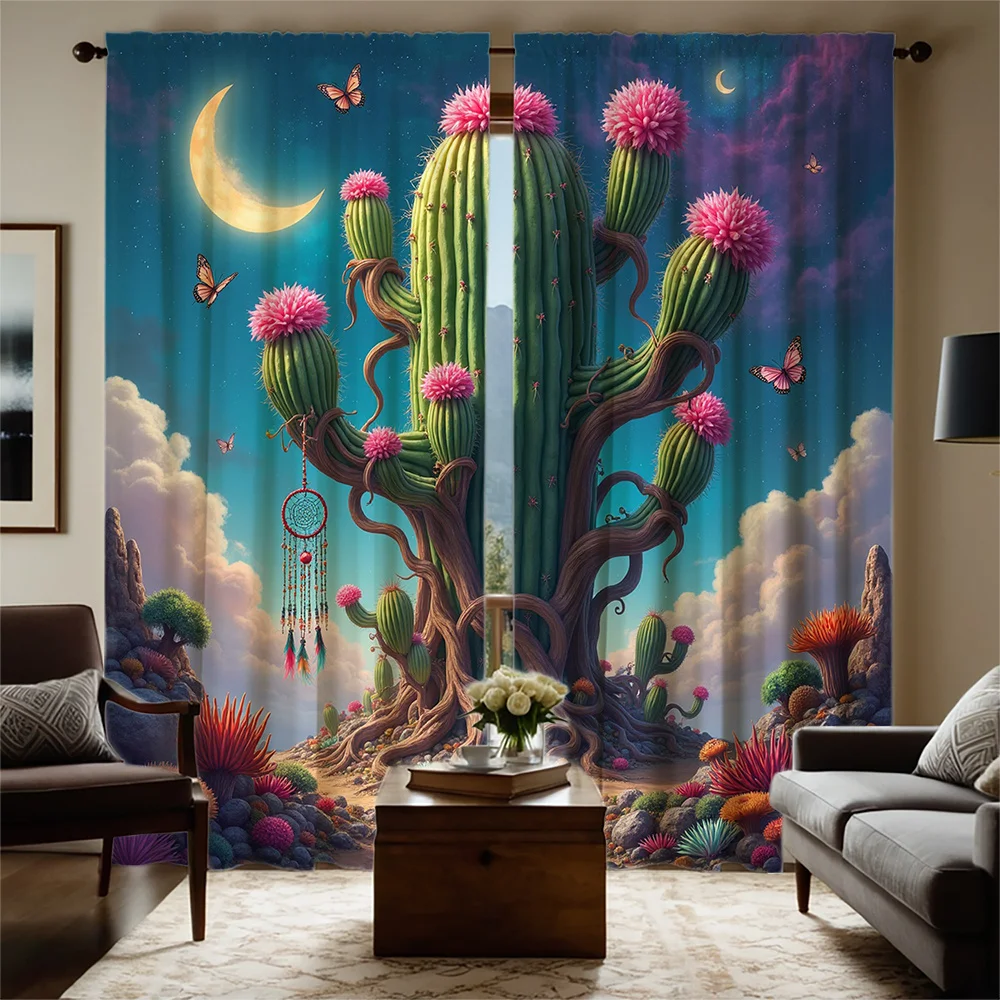 2pcs Desert Cactus & Butterfly Print Curtains - Semi-Transparent, Rod Pocket Design, 180-220g Polyester Fabric, Perfect for Bedr