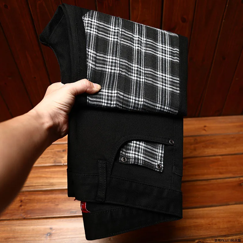 Plaid Patchwork Jeans Men's Black Personalized Trendy Casual High-End Youth Straight Stretch Fashion Korean Style Trousers