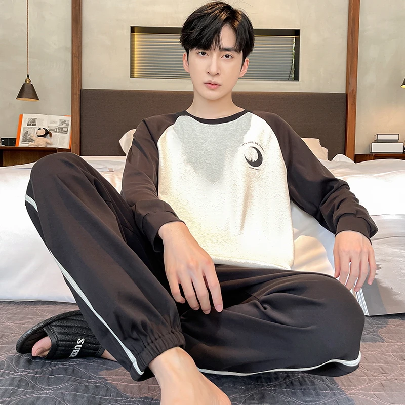 L-5XL Spring and Autumn Knitted Cotton Pajamas Set Men Long Sleeve Sleepwear Casual Soft Pyjamas Male Home Clothing