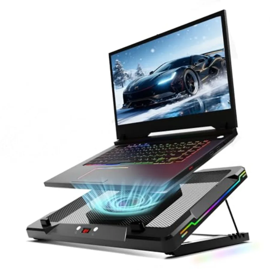 

Передвижная RGB-подставка для ноутбука DEPGI с 5,5-дюймовым выдвижным вентилятором, эргономичная охлаждающая подставка черного цвета с 8 режимами подсветки для игровых ноутбуков 14-17,3 дюймов