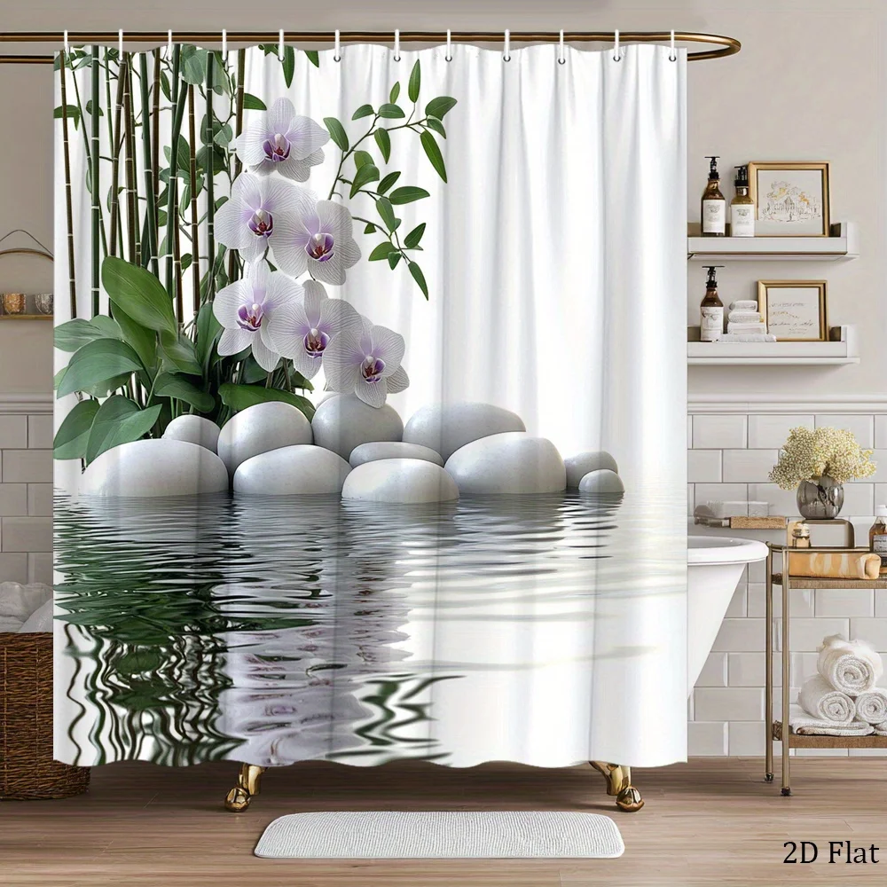 1pc Zen Pond Shower Curtain with White Pebbles Orchid Stalks Reflective Water Bathroom Decor Includes 12 Hooks 70.8x70.8 Inches