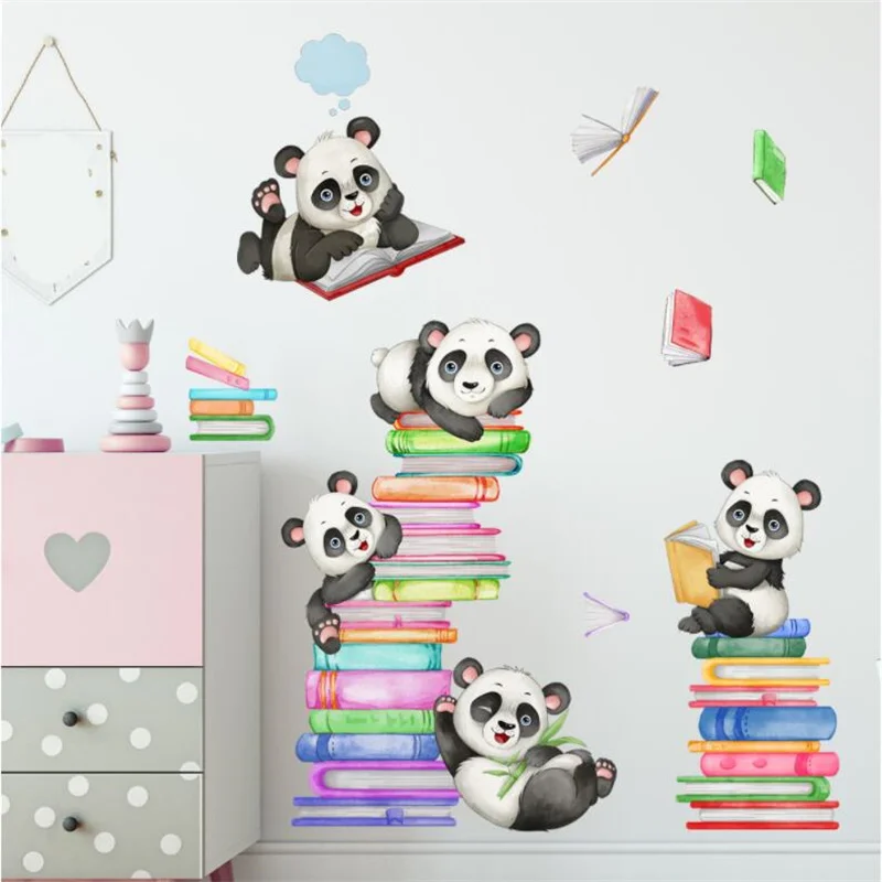 Cute Animal Panda Book Wall Stickers For Kids Nursery Decor Reading Room Decoration Student Library Decal Classroom Mural Poster