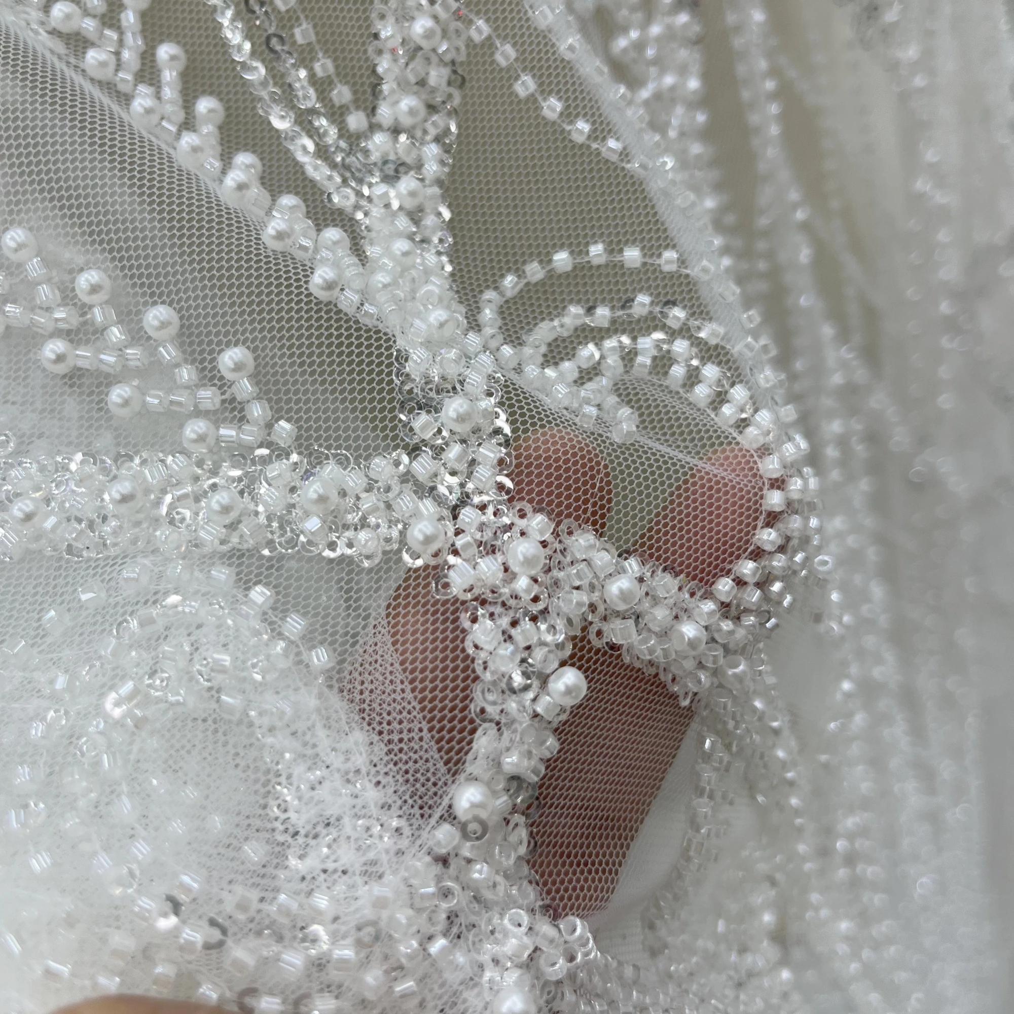 Deluxe High Quality Sequins Beads Pearl Lace Fabric Suitable For Wedding Evening Dresses Private Customized Clothing Design