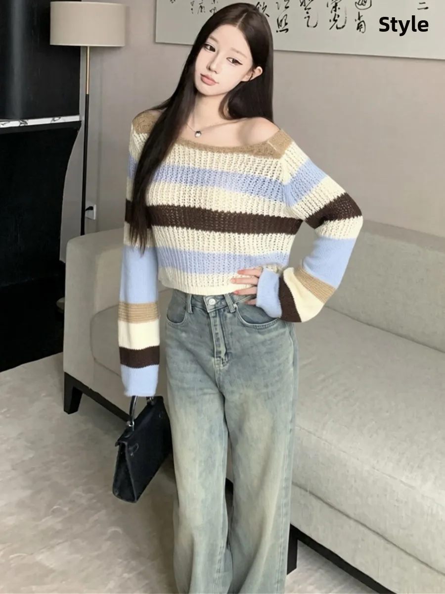 Autumn Winter Retro Dopaamine Color Block Striped Soft Hollow Knitted Top Versatile Design Sensation Knitwear Polyester Fiber