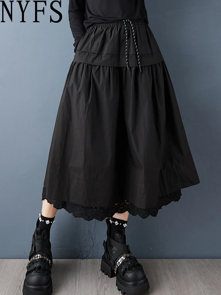 

NYFS 2025 Autumn New Vintage Elastic waist Woman Skirts Female Loose Plus Size Solid Fashion Lace splicing Long Skirt
