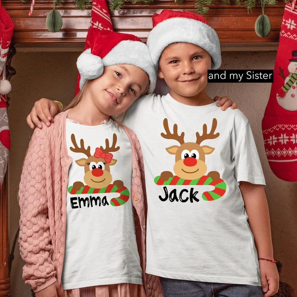 Personalised Deer Kid Christmas T-shirt Custom Name Child Clothes Tops Boy Girl Shirt Xmas Party Outfit Sibling Matching T Shirt