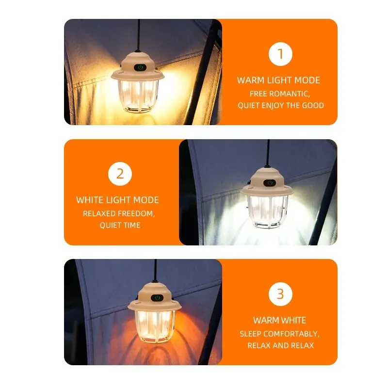 LED Camping Lamp 1200mAh Retro Hanging Tent Lamp 2700K/6500K Emergency Light Lantern IPX4 Waterproof Type C Charging for Outdoor