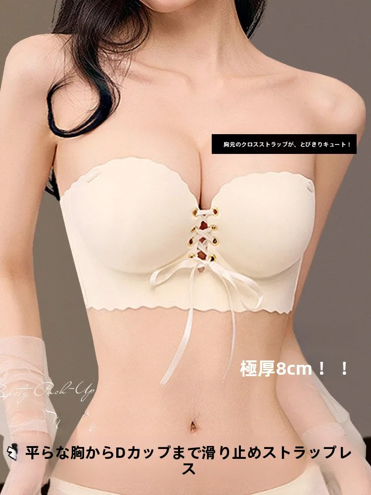 厚みのあるカップ付きワイヤレスブラ、女性用、小胸用、ギャザー入り、滑り止め、大きな胸のような印象、フラット胸、ストラップレスドレス、チューブトップ