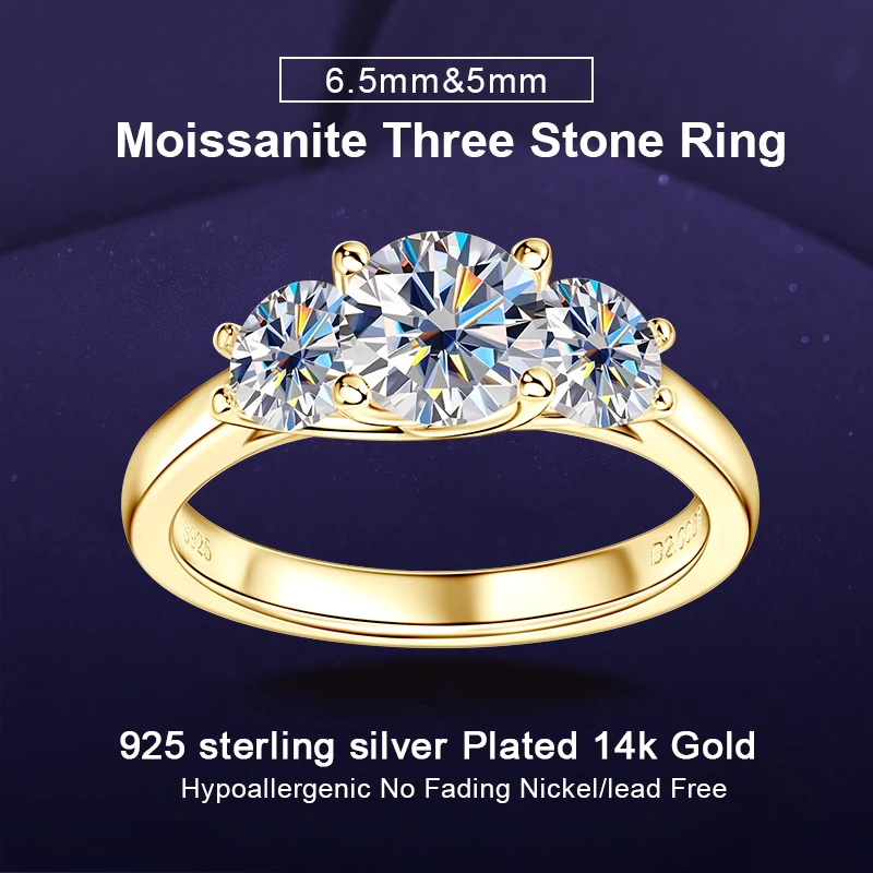 IOGOU 2cttw. D-E Moissanite Diamond Ring for Women 925 Silver Three Stones Wedding Promise Bands Finger Jewelry 14k Gold Plated