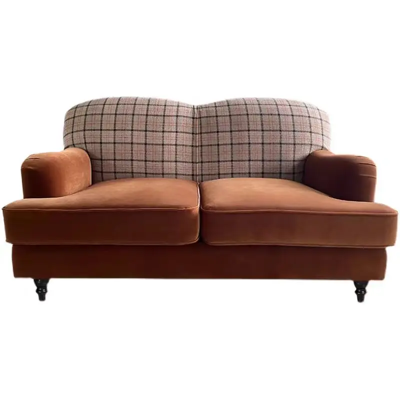 #Vintage Tiny House Patchwork Plaid Fabric Caramel Burnt Orange Two Seater Velvet Sofa
