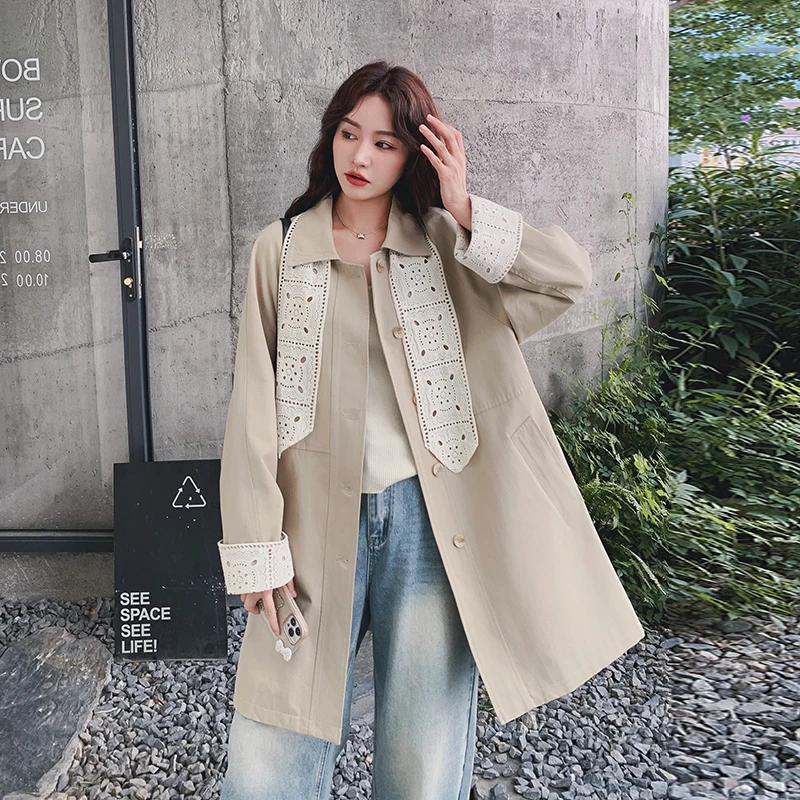 

SuperAen Khaki Polo Collar Trench Coats for Women's 2026 Autumn New Korean Style Fashionable Single-breasted Design Tie Coats