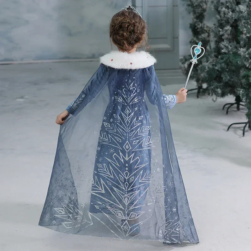 Princess Frozen Elsa Dress for Girls Velvet Winter Long Sleeve Dress Halloween Cosplay Carnival Party Costume with Long Cloak