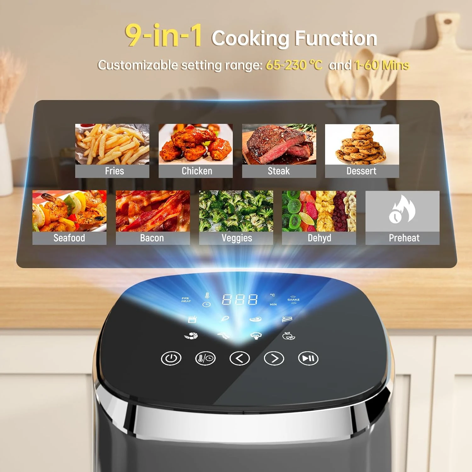 Freidoras de aire 4 Qt, 9 programas de cocina inteligentes personalizables, freidora de aire compacta, recordatorio de vibración, potente cocina sin aceite de 1550W, Temper