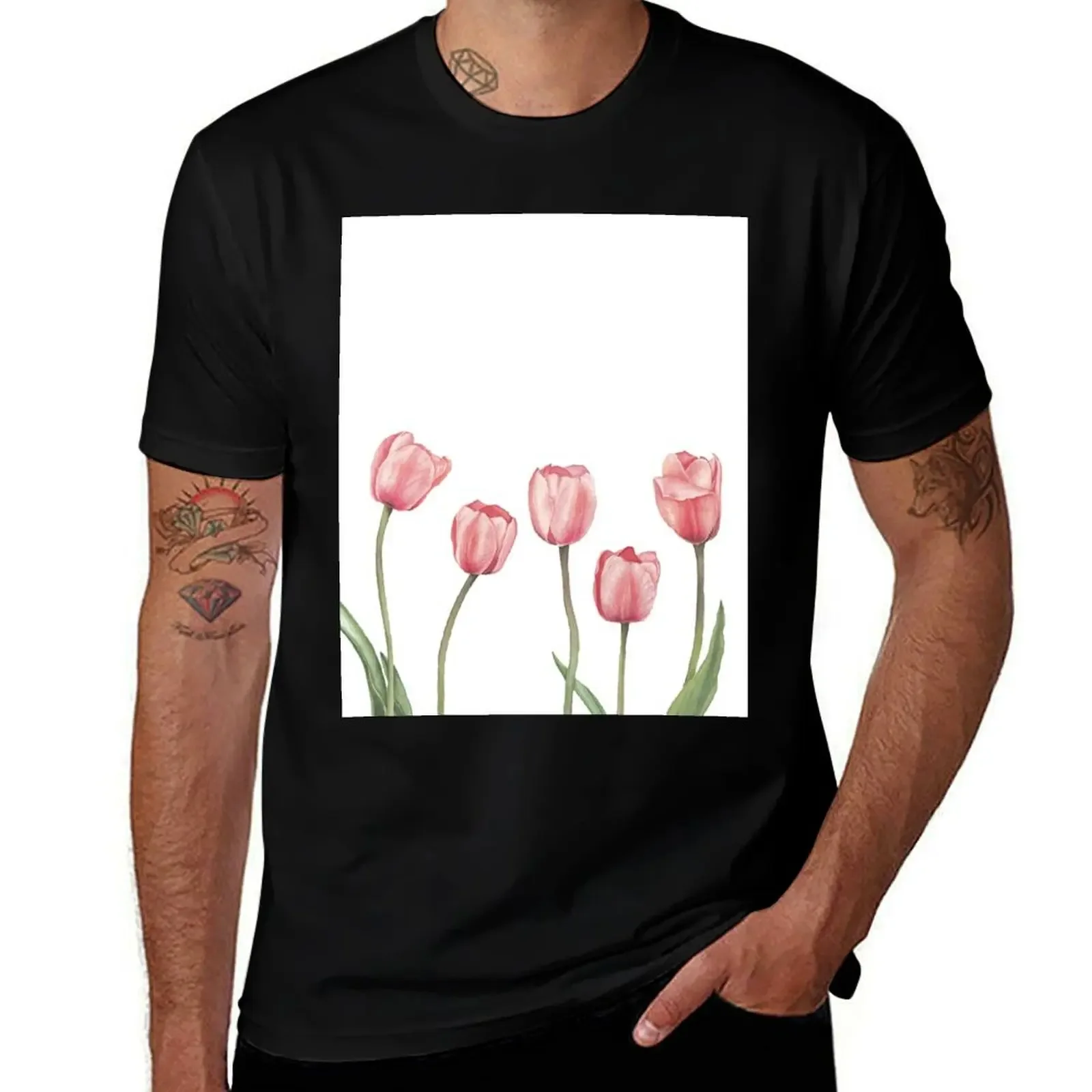 Pink tulips with leaves, watercolor T-Shirt man clothes customs design your own quick drying mens graphic t-shirts big and tall