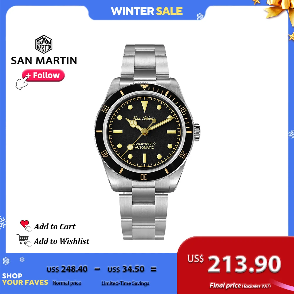 San Martin 38mm Class Men Retro Diver Watch NH35 Automatic Mechanical Stainless Steel Watches Luminous 20Bar Waterproof SN0004G