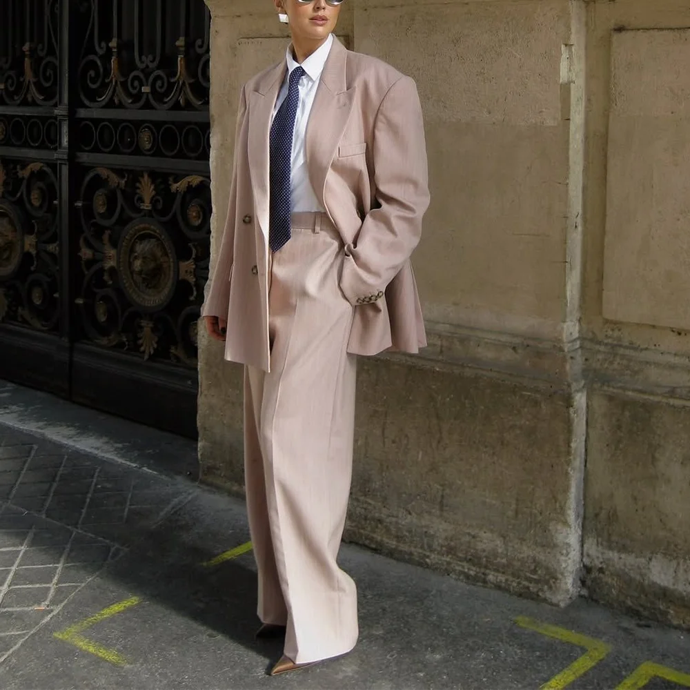 Customized Women's Suits Loose Fit 2 Piece Double Breasted Peak Lapel Smart Casual Outfit Business Office Female Daily Set