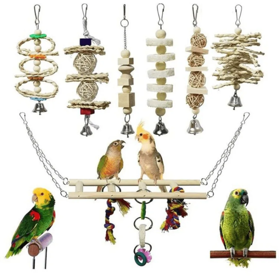 

7pcs Bird Parrot Toys; Natural Wood Chewing Toy Bird Cage Toy; Bird Ladder Toy For Cockatiel; Parrot