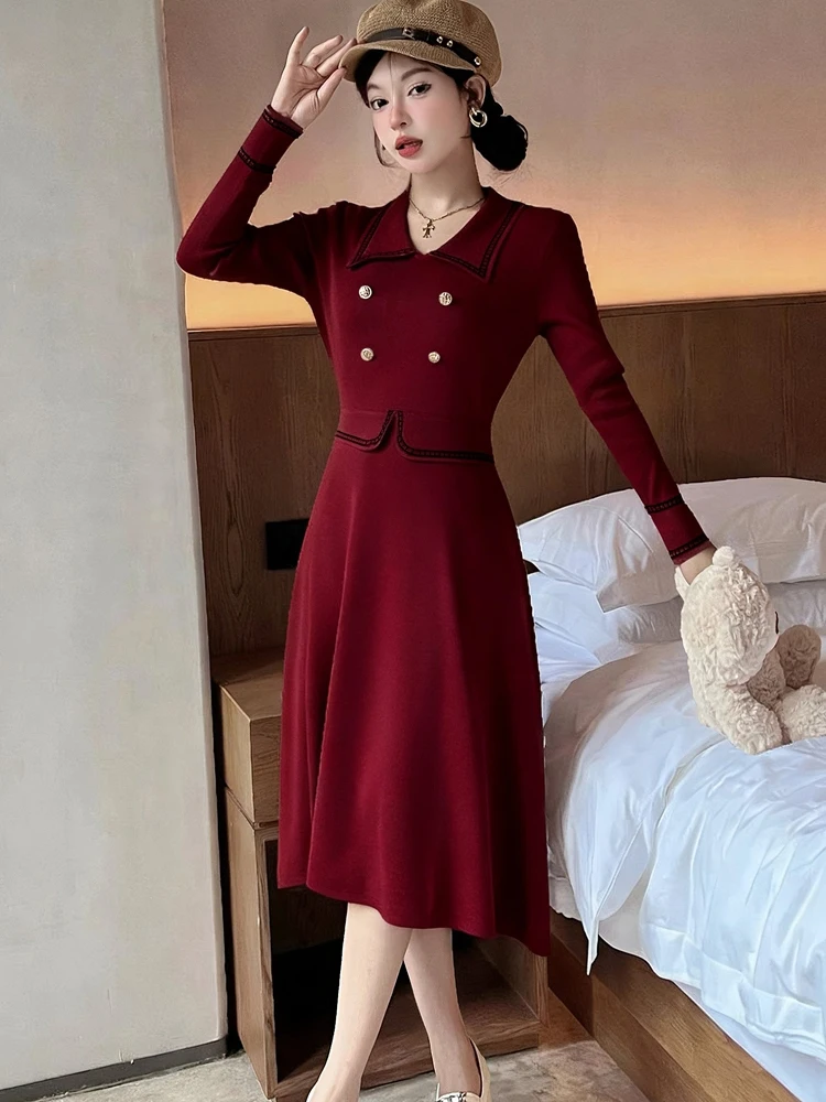 Vrouwen Rode Gebreide Polo Kraag Midi Jurk Met Lange Mouwen Herfst Winter Elegante Casual Thuis Jurk 2025, Koreaanse Mode Bodycon Jurken