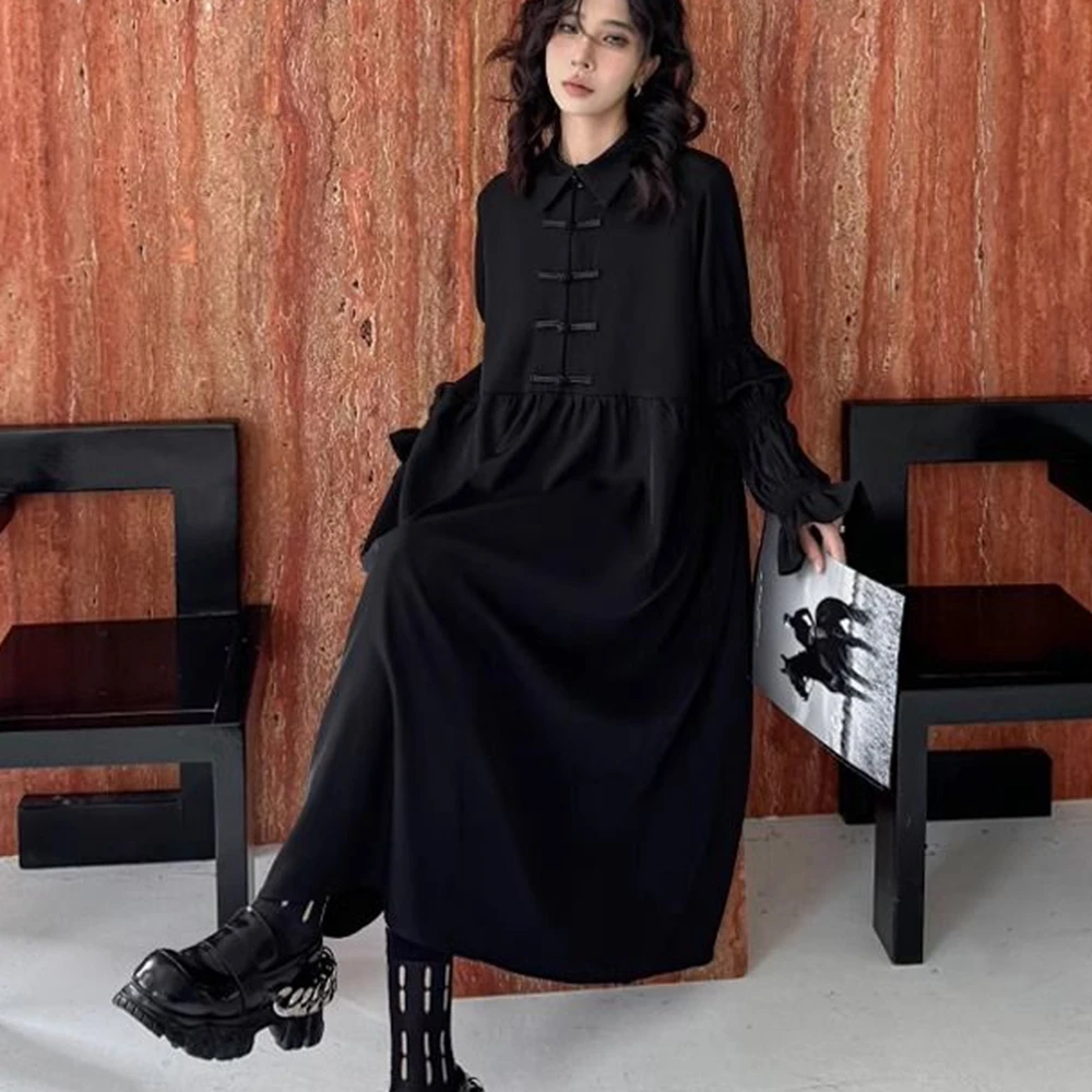 Plus Size 5XL 150kg Autumn Spring Black Dress for Women Long Sleeve Solid Dresses Casual Loose Waist Dresses