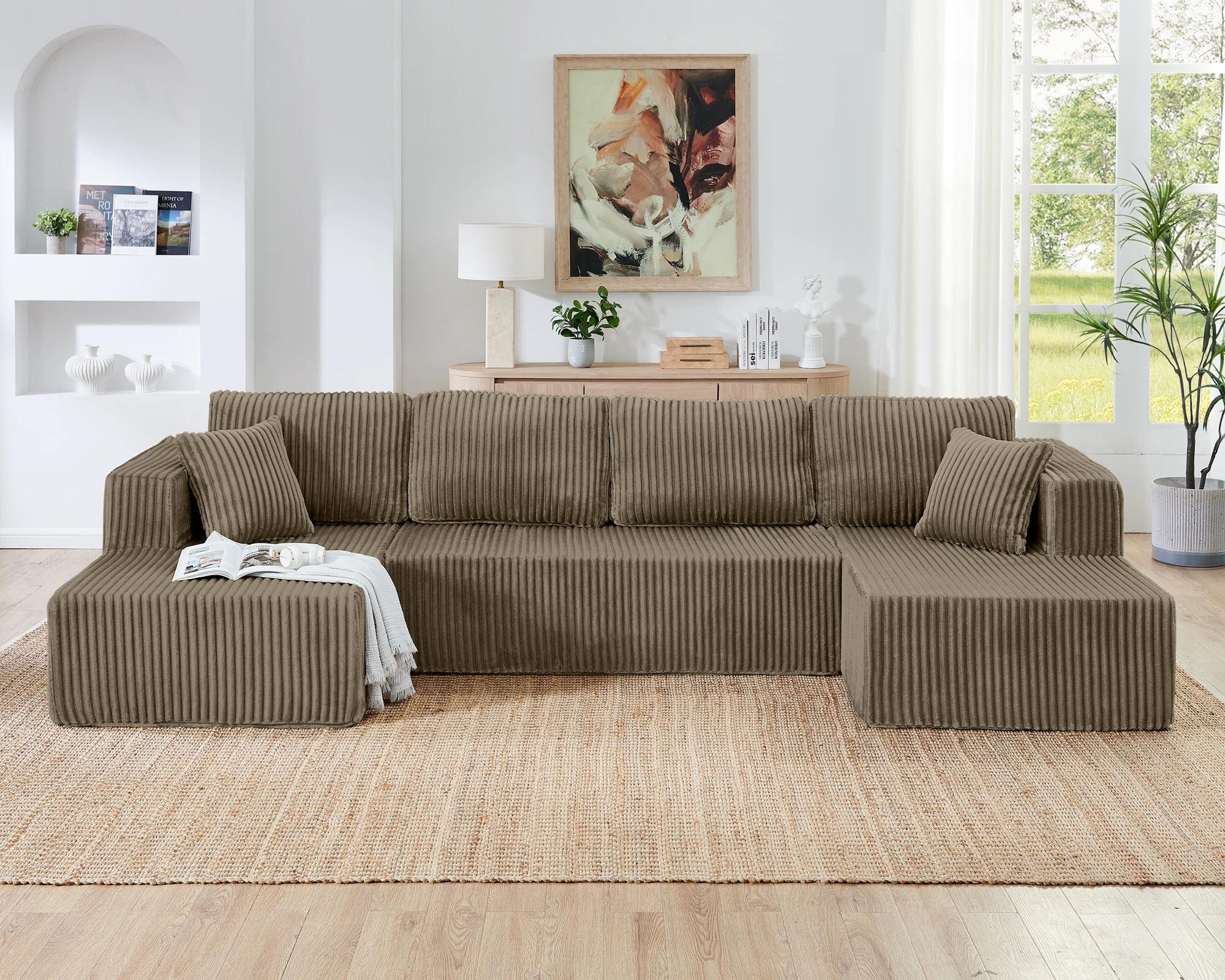 

m Modular Sectional Couch, Striped Corduroy U-shaped Sofa with Chaise Lounge, Upholstered for Living Room Bedroom m