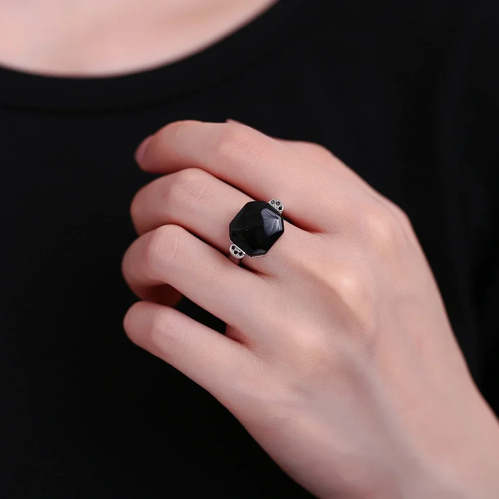 Cincin perhiasan perak Sterling 925 Octagon Natural 13*12mm, cincin Vintage batu akik hitam untuk hadiah pesta wanita