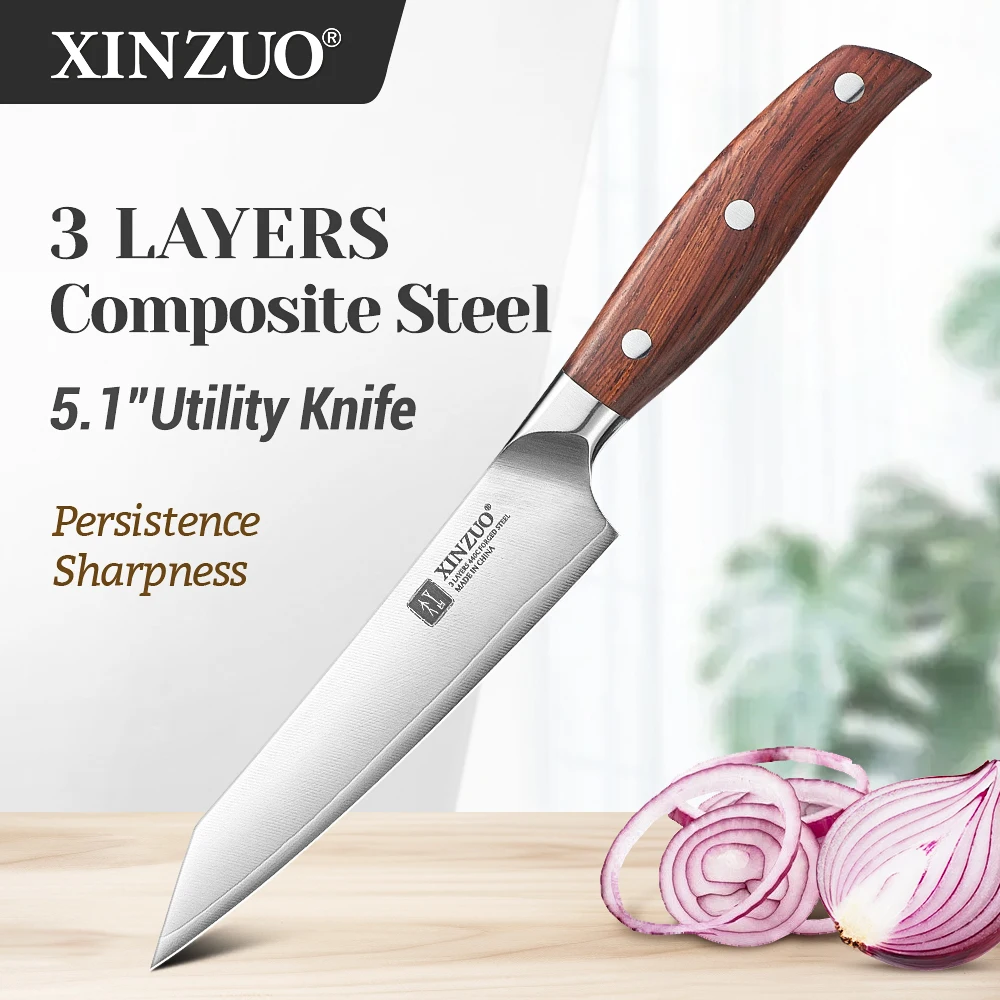 XINZUO Faca de Cozinha Multifuncional de Aço Composto de 3 Camadas 5'' - Faca Afiada para Descascar, Cortar e Multiuso