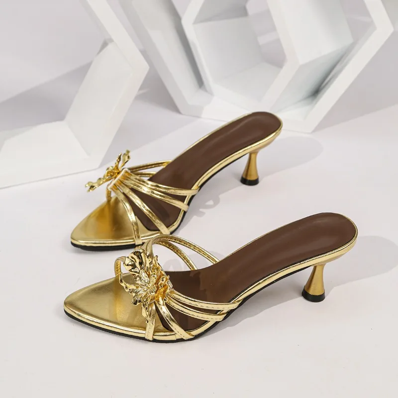 

Temperament Stiletto Slippers Summer Women Open Toe Outside Wear Metal Flower Sexy High Heels