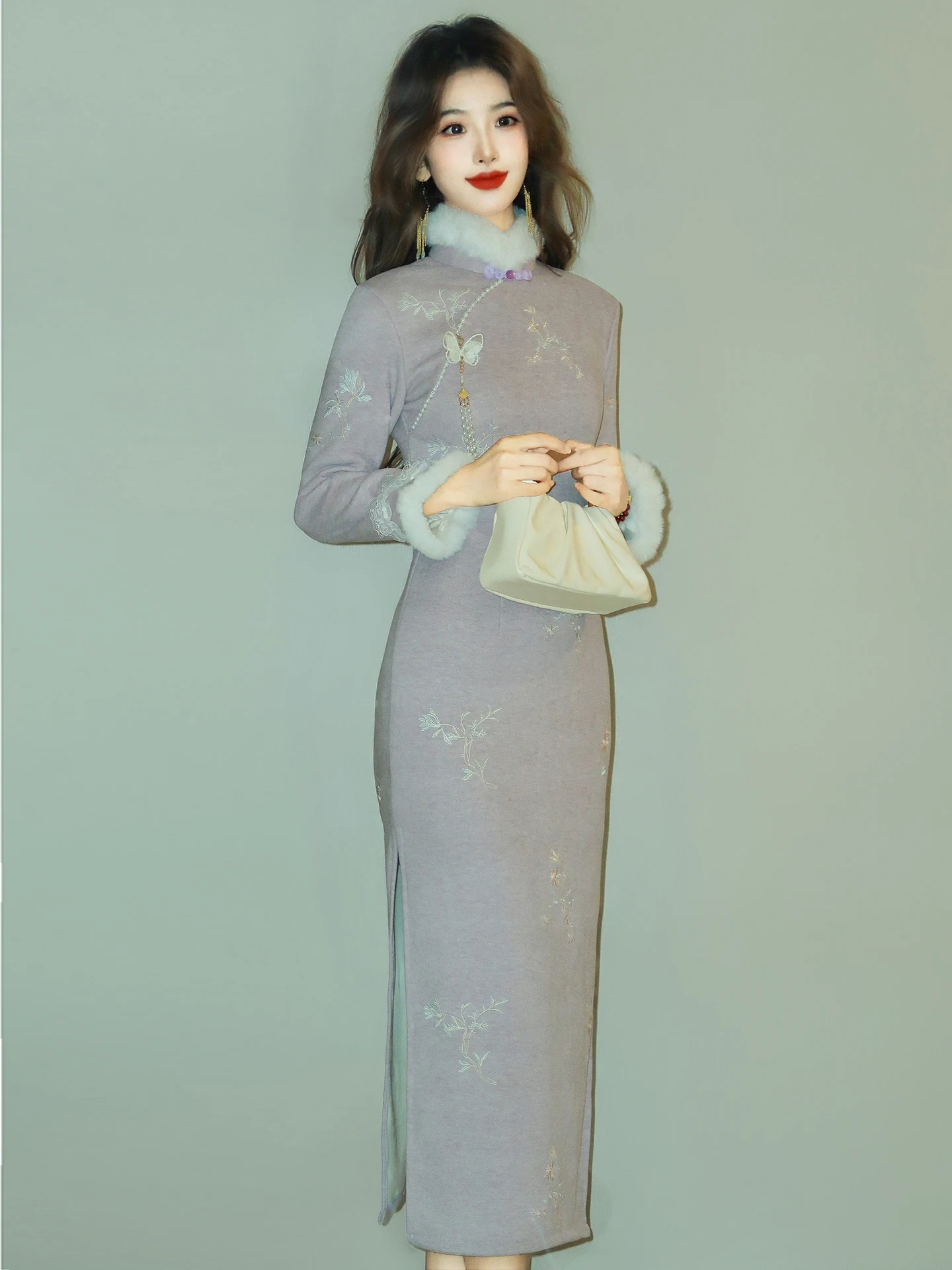 

Ele Purple Winter Vintage Женская одежда с вышивкой Camere из ткани Long Sve High Slit Повседневная одежда