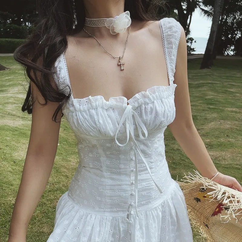 Summer Vacation Style Wide Shoulder Strap Drawstring Square Neck Dress Chenopod Ladies Polyester Fiber H Version Spring Summer