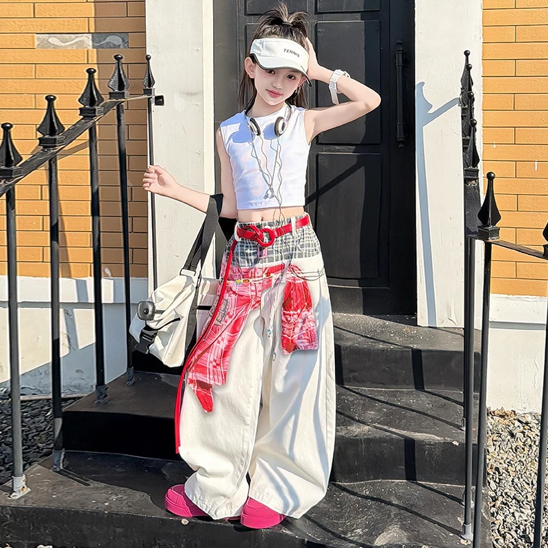 5-13t-春夏子供服白ジーンズズボン子供女の子赤シャツパターンプリントワイドレッグデニムパンツ