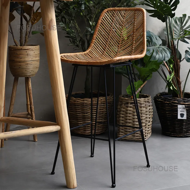 Metal Legs High Bar Stool Rattan Woven Backrest Lounge Minimalist Bar Chairs Dining Designer Moderne Room Furnitures