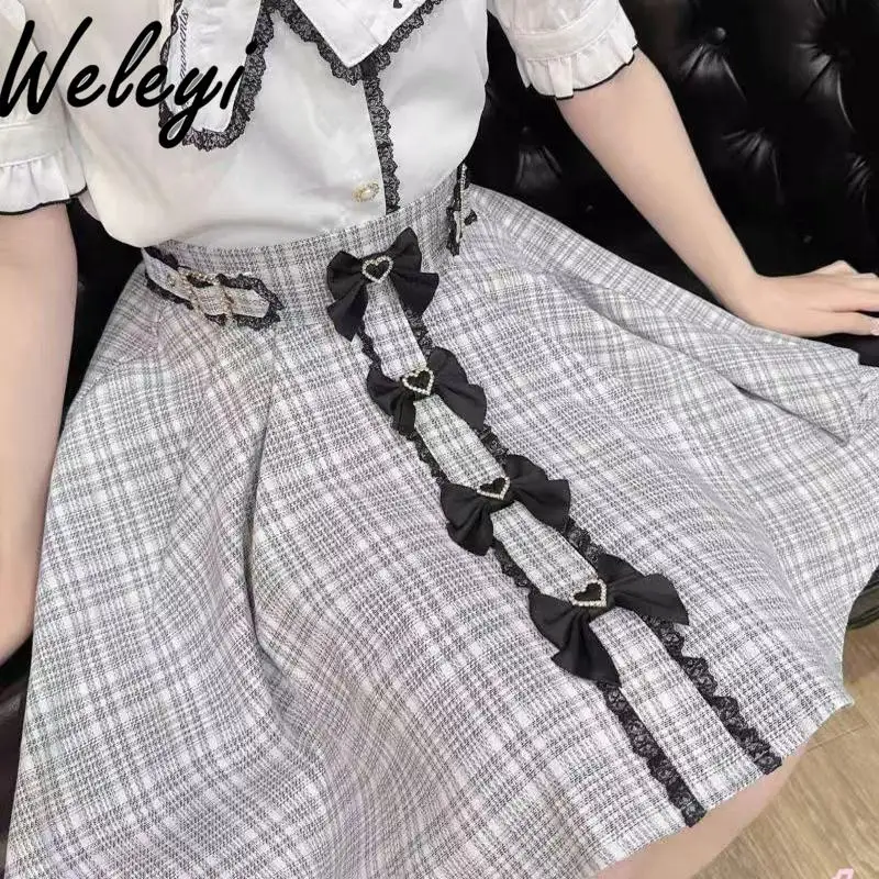 

Kawaii Women Lolita Skirt Japanese Fashion 2024 Autumn New Cute Versatile Multiple Bows Plaid Belt Mine Series Production Faldas