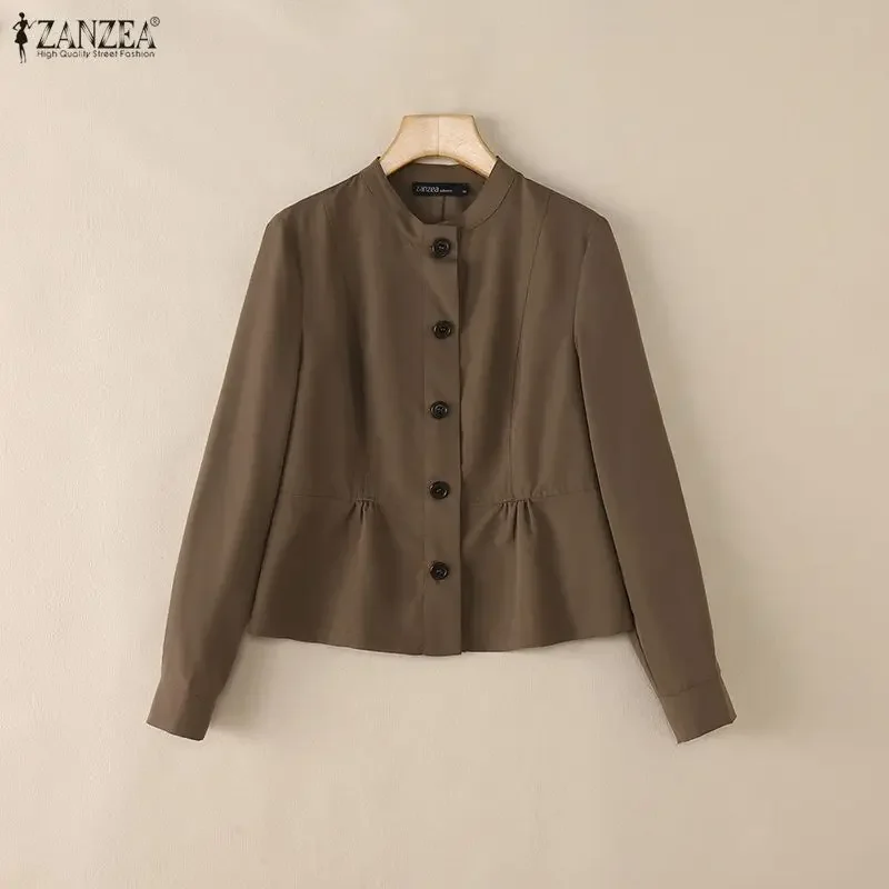 

Woman 2026 Spring Fall Casual Shirts Stand Collar Long Sleeve Button Up Solid Color Top ZANZEA Vintage Cinch Waist Chemise Femme