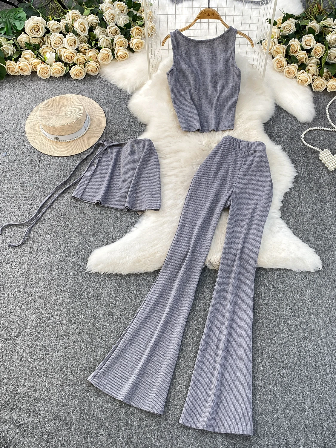 

Sexy ort Knitted Vest with Chest Pad round Ne Slimming Bell Bot Pants Two Piece Set for Pear aped Body Breathable Ca...