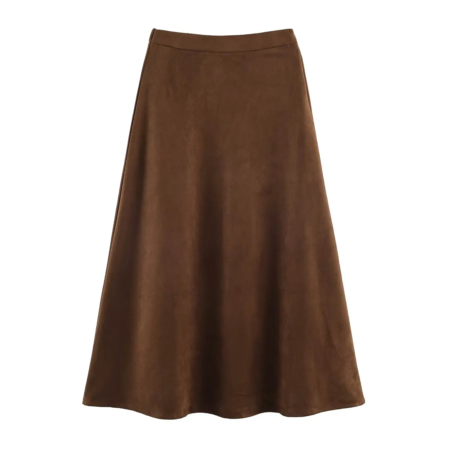 Autumn Women Vintage Coffee Back Elastic Zipper Waist Faux Suede Long Skirt A-lined Swing Skater Bottom