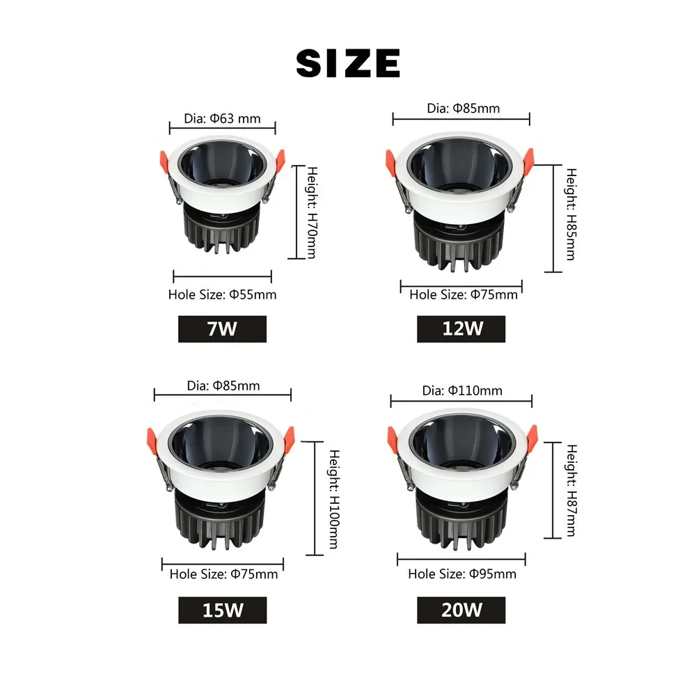 COB-LED-Strahler, blendfrei, 7 W, 12 W, 15 W, dimmbare Helligkeit, 5 %–100 % Einbau-Downlight-Deckenleuchte, AC85–265 V, natürliches Innenlicht