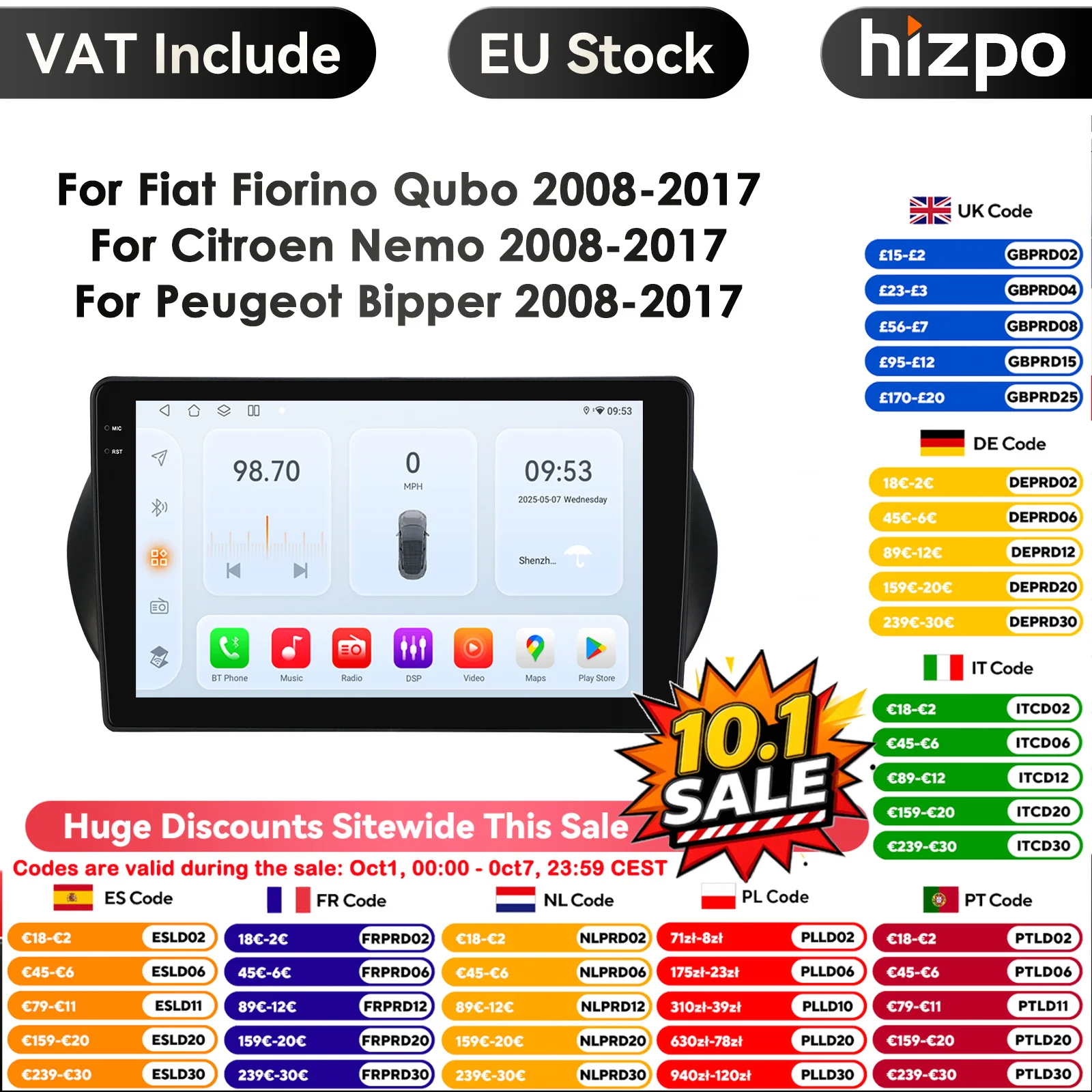 Hizpo 10.1 pollici Carplay 4G 2Din Android 14 Autoradio per Fiat Fiorino Qubo Citroen Nemo Peugeot Bipper 2008-2017 Lettore multimediale GPS DSP WIFI Snapdragon di Qualcomm 8-Core 2.0Ghz 6115 AI