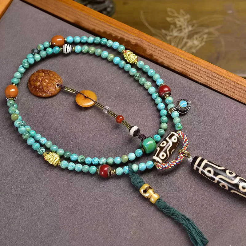 Natural agate nine-eye pendant sweater chain, Tibetan-style cultural artifact Buddhist , God of Wealth dzi bead, vi