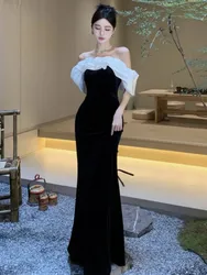 Women Sexy Off Shoulder Party Dress 2024 New Slim Waist French Patchwork Elegant Lady Fashion Prom Robe Long Vestidos Mujers