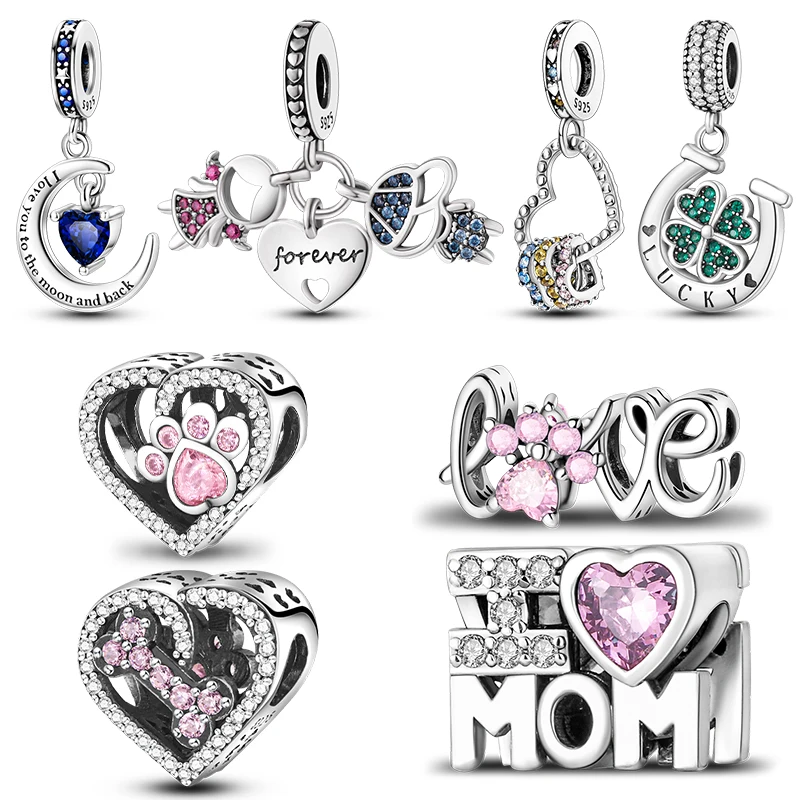 Original 925 Sterling Silver Love Heart Family Charm Beads Pendant Fit Bracelet Charm Women DIY Jewelry Gift
