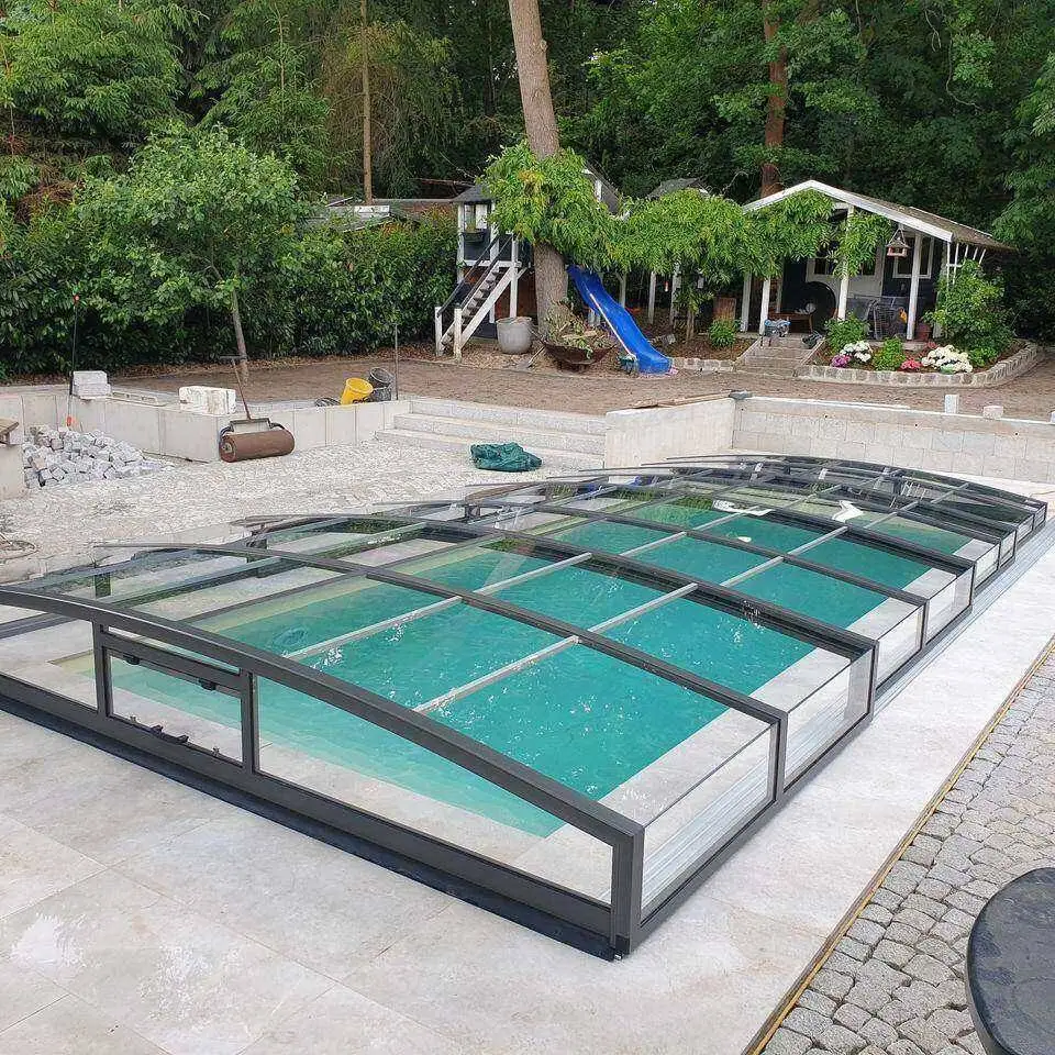 Motorized Retractable Pool Dome with Hard Cover and Mobile Glass Sunroom Featuring Remote Control and Weatherproof Sealing