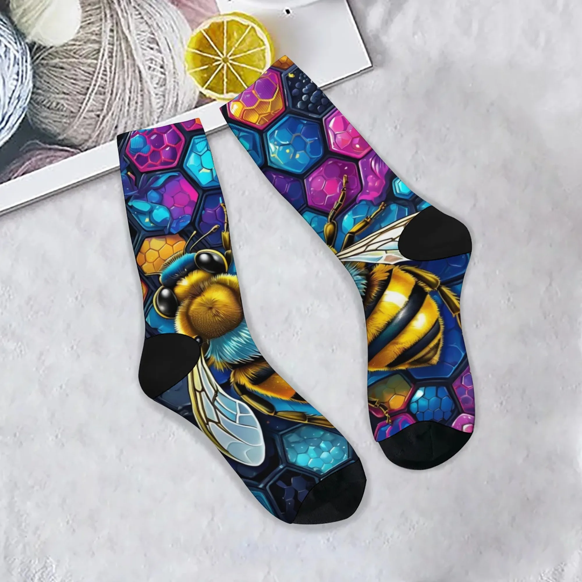 1 Pair of Whimsical Bee & Flower Print Socks Vibrant Cartoon Vigorous Bee and Heart Design Soft Warm Ideal for Casual Playful