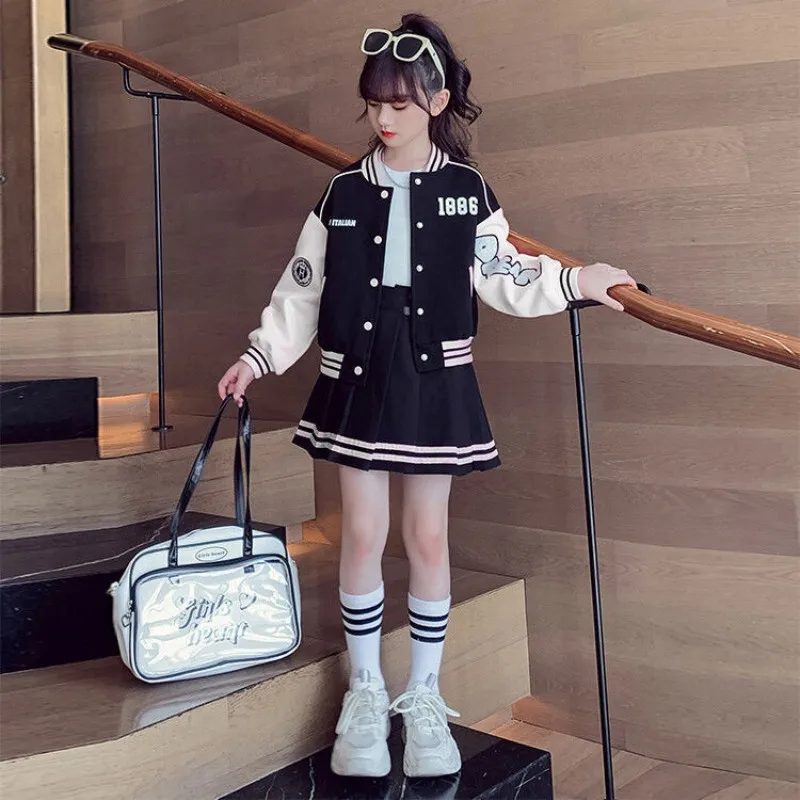 Junior Girls Baseball Suit Kid Spring and Autumn Fashion Splicing Letters Jacket Pleated Skirt 2 Pieces Student Set