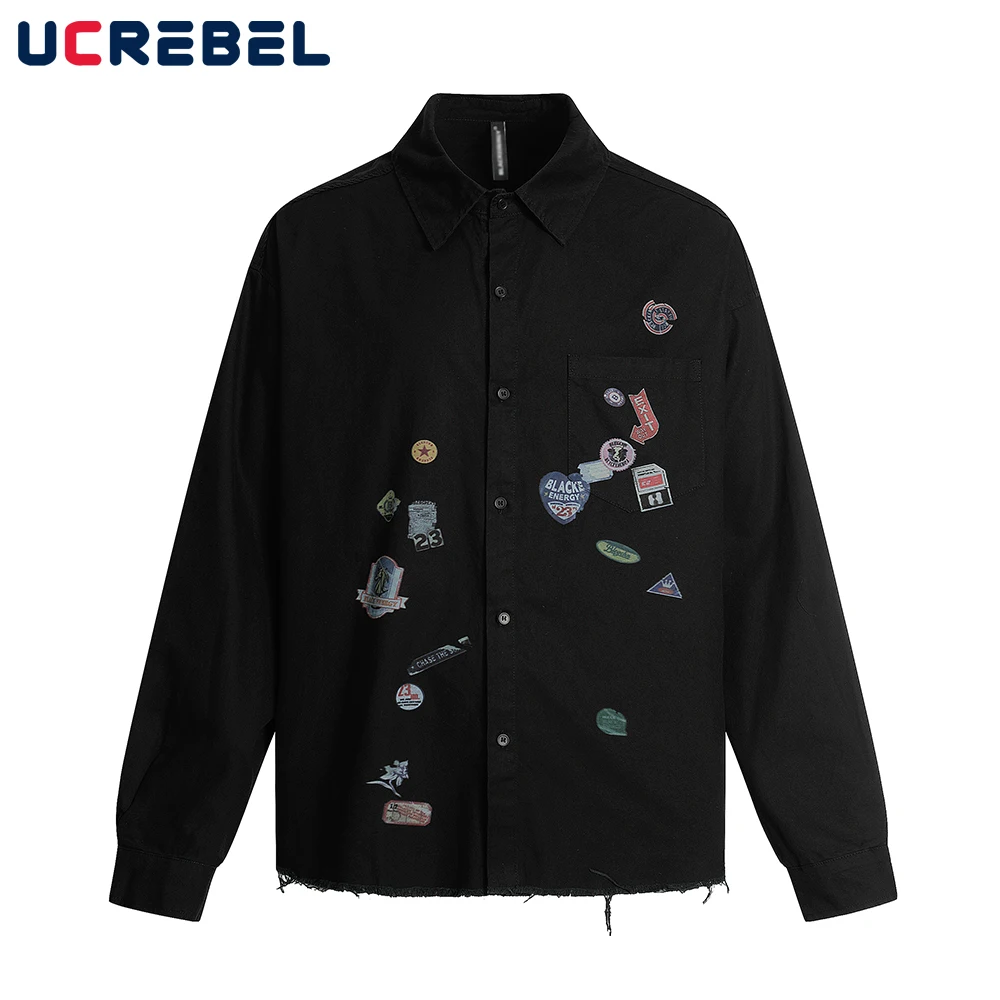 

Funny Print Long Sleeve Shirts Mens Autumn Hip Hop Streetwear Cotton Loose Lapel Single Breasted Raw Hem Man
