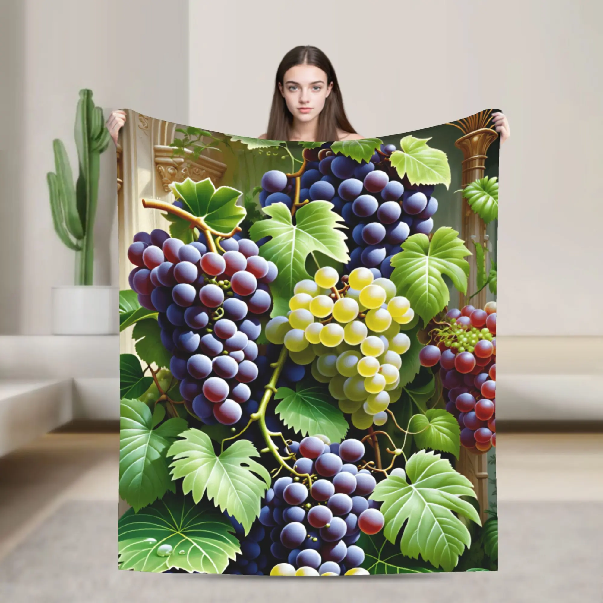 Grape Clusters In Roman Arch Decor Background Blanket Spring  Soft Comfy Throw Blanket For Adults Flannel Bedspread Bed Cover