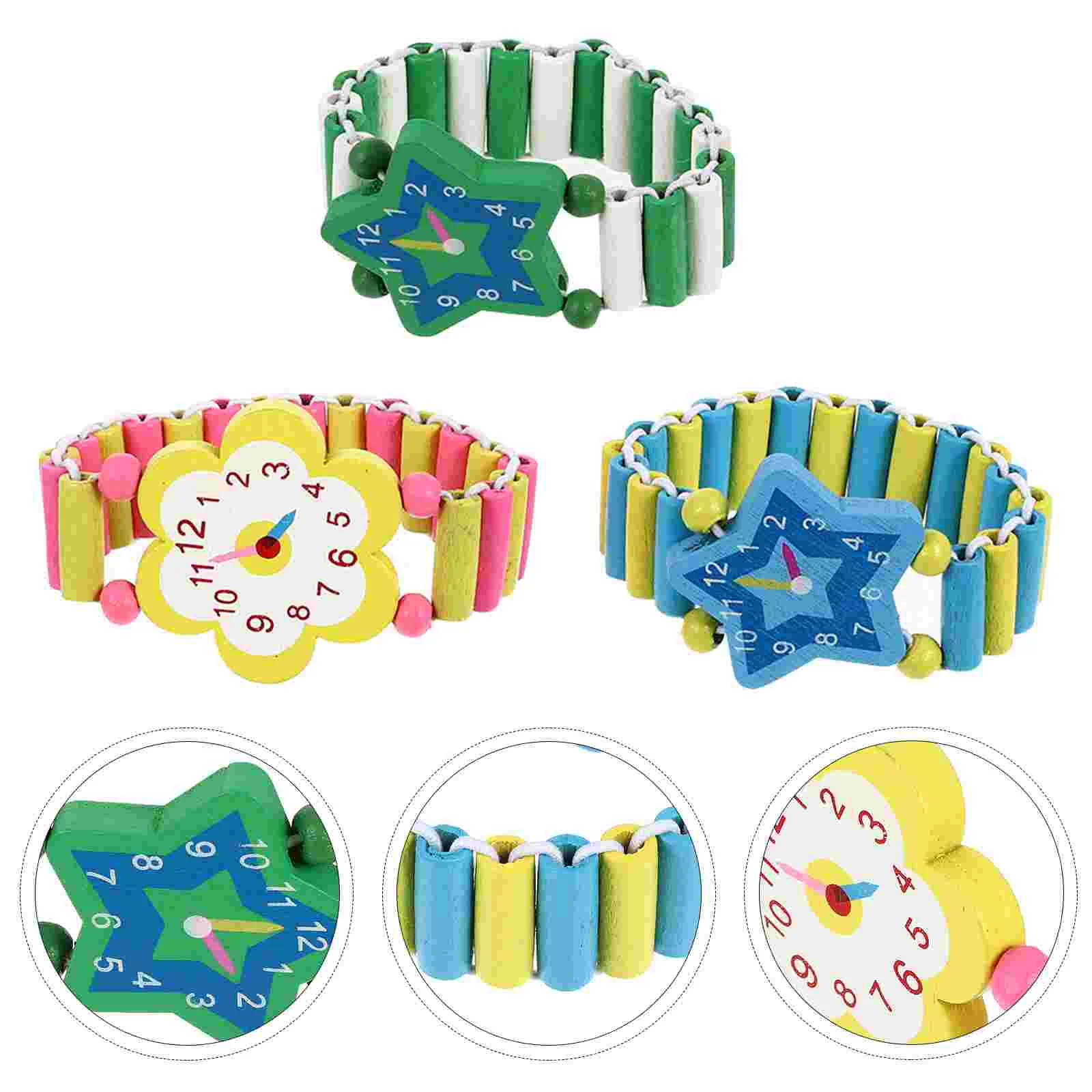 Relógio infantil Brinquedos para Natal, Madeira Relógios De Pulso, Simulação Smartwatch, Pulseira Dos Desenhos Animados, 3 Pcs