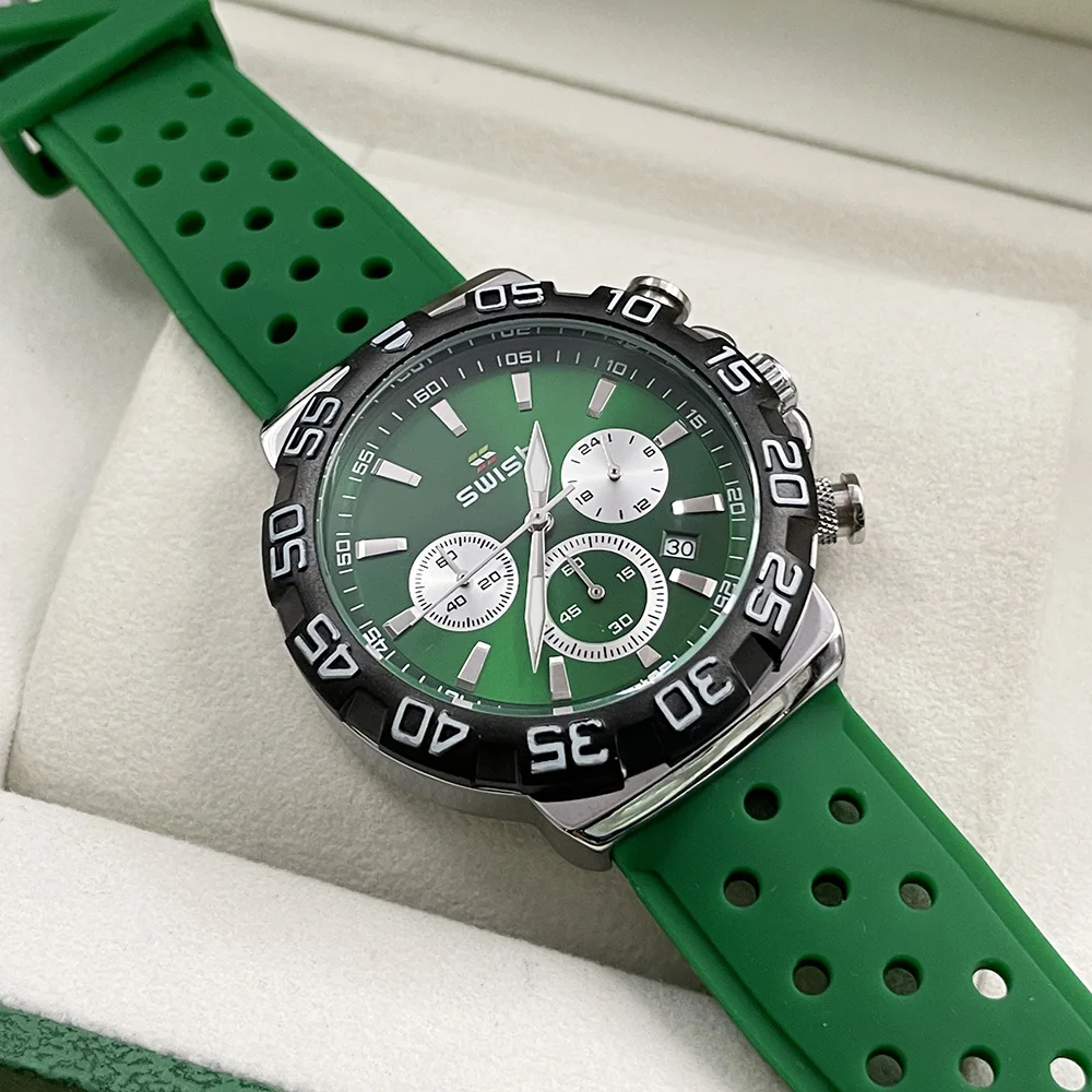 SWISH Men Watches Top Brand Sport Green Vintage Chronograph Wristwatch Japan Quartz Clock Causal Reloj Hombre Calendar Date