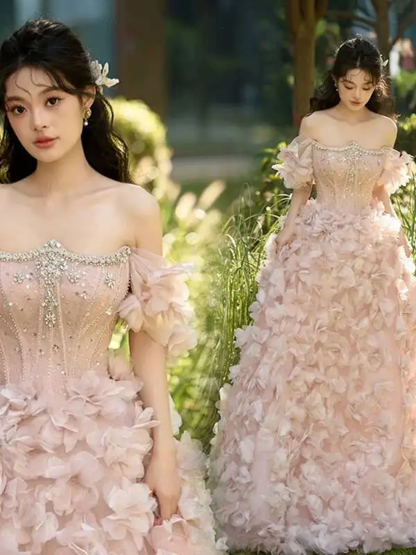 

Off Shoulder Rhinestone Corset Evening Dress 3D Floral Tulle Long Prom Gown Wedding Photoshoot Dress